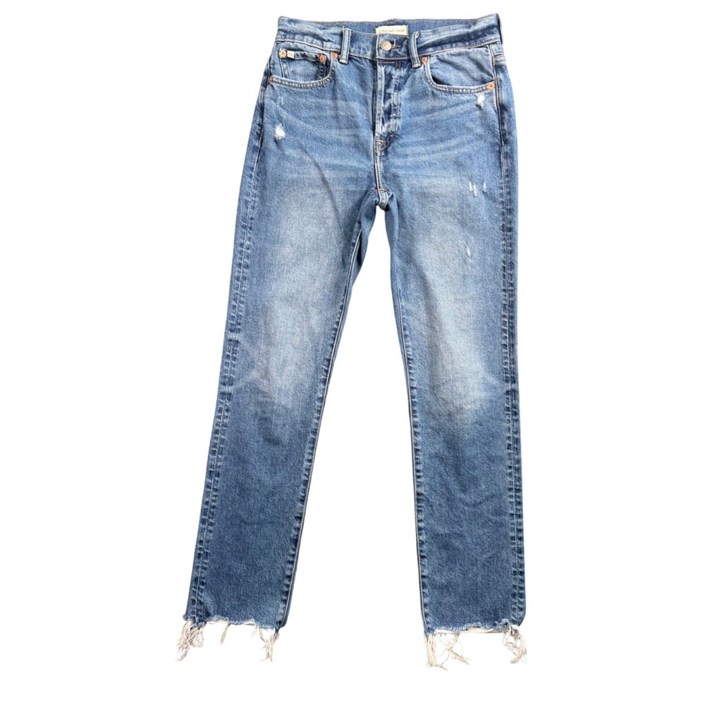 AE77 Y2K Straight Crop Jeans Womens 0 High Rise Button Fly Distressed Raw Hem